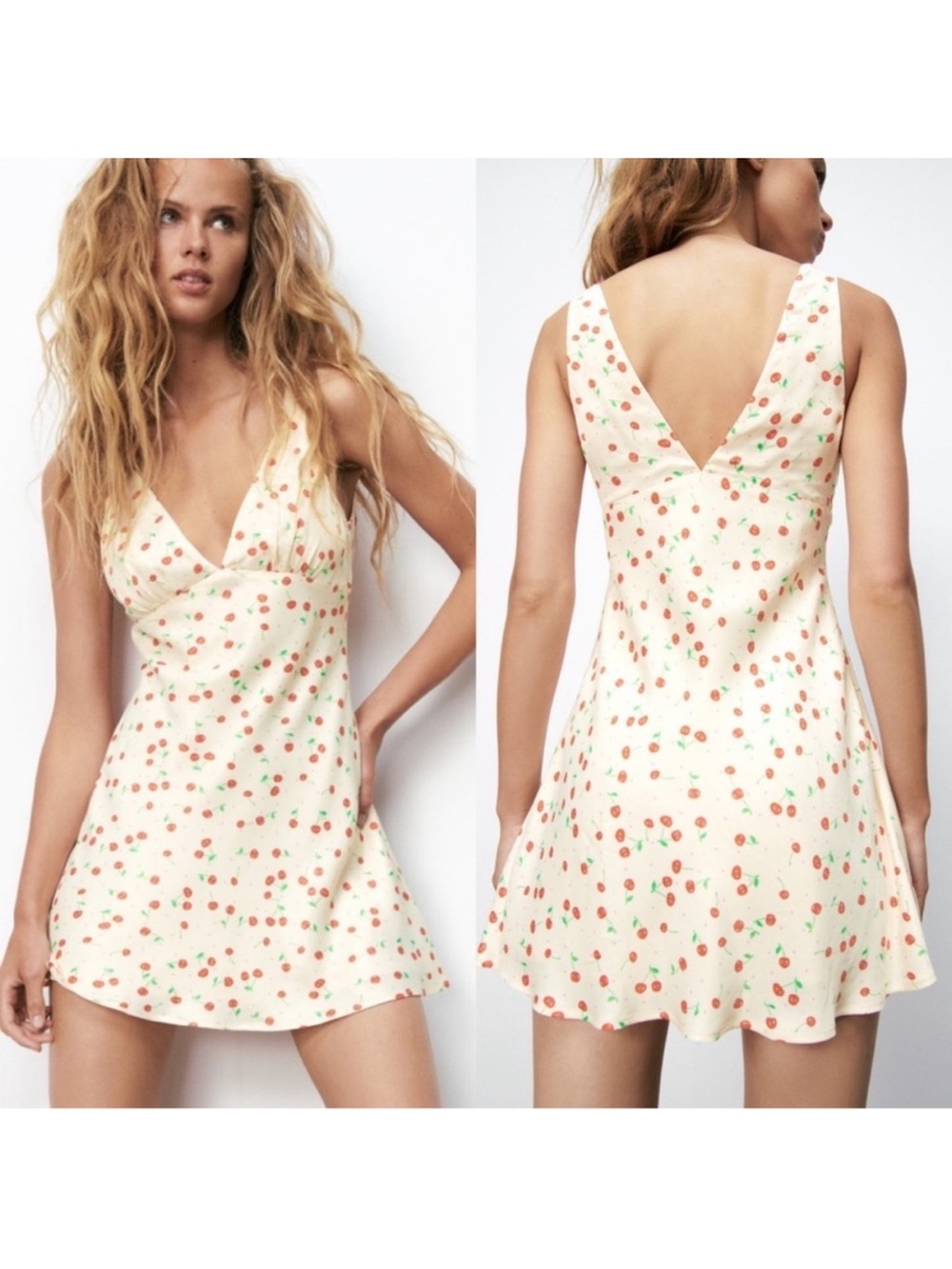 Zara Cherry Print Mini Slip Dress Satin Size Small Retro‎